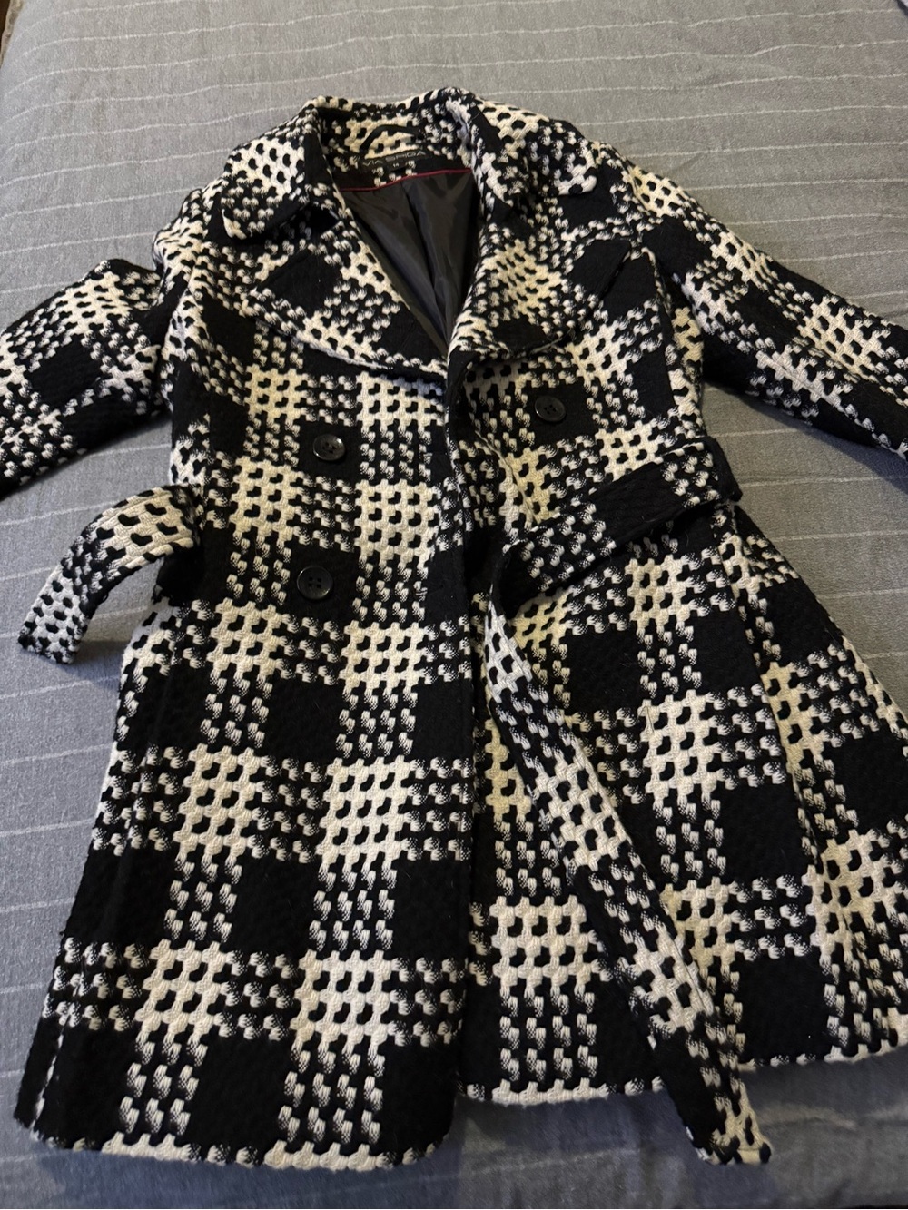Via Spiga Black & White Plaid Double-Breasted Belted Pea Coat